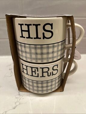 His & Hers Ceramic Mug Set - Cream with Gray Plaid